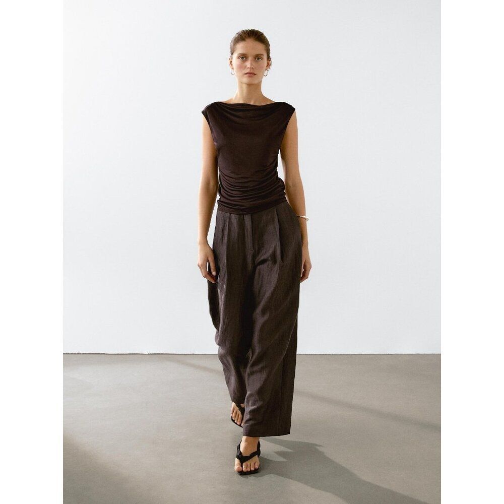 Massimo Dutti Womens Pants EU 42 US 10 Trousers Brown Flowing Linen 5046/665 NWT